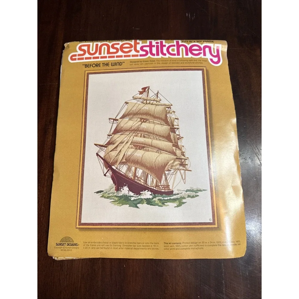 Vintage 70s Sunset Stitchery Crewel Embroidery Kit Boat Ship Nautical Large